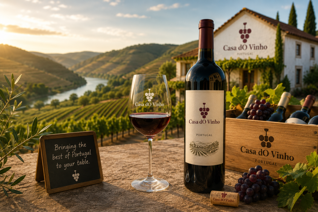 Portuguese wine store with vineyard background