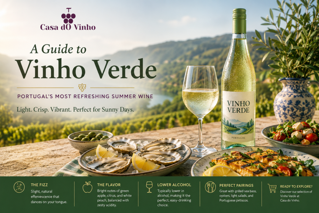 Vinho Verde bottle and glass with seafood on a sunny Portuguese vineyard terrace