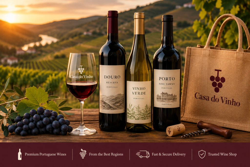 Portuguese wine online shop with wine bottles and vineyard background