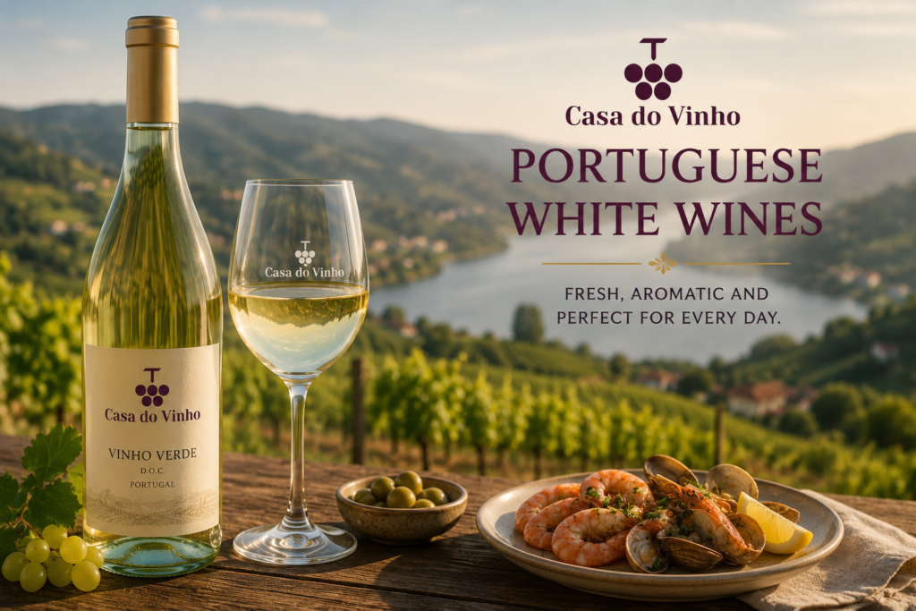 Portuguese white wine bottle and glass with vineyard landscape