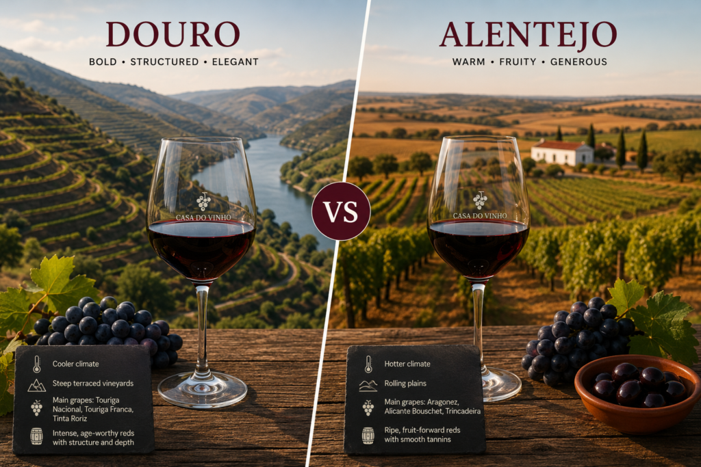 Portuguese red wine comparison between Douro and Alentejo vineyards
